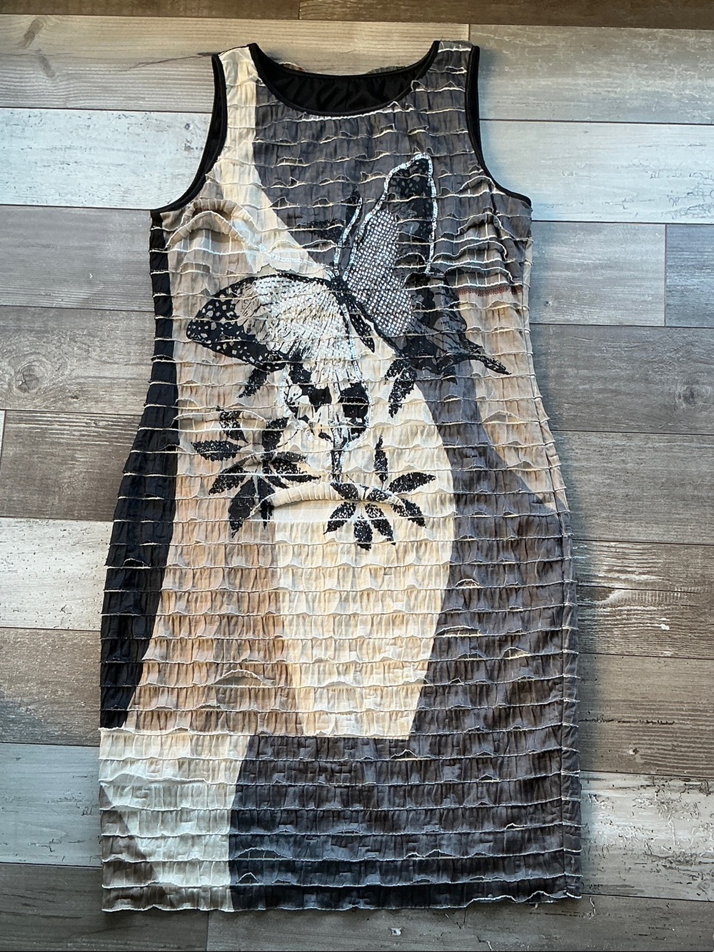 Frank Lyman Design Black and Cream Butterfly Print Midi Dress sz 12